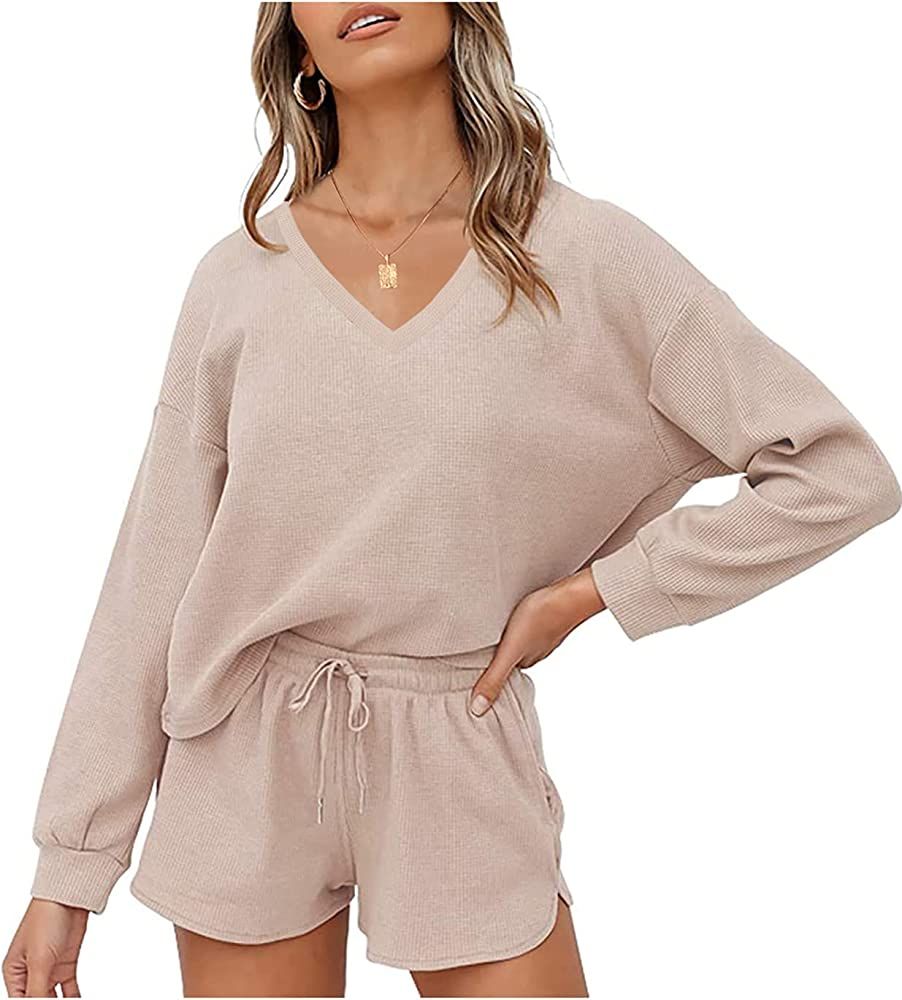 MEROKEETY Women's Long Sleeve Waffle Lounge Sets V Neck Top and Shorts 2 Piece Pajama Set Pockets Ou | Amazon (US)