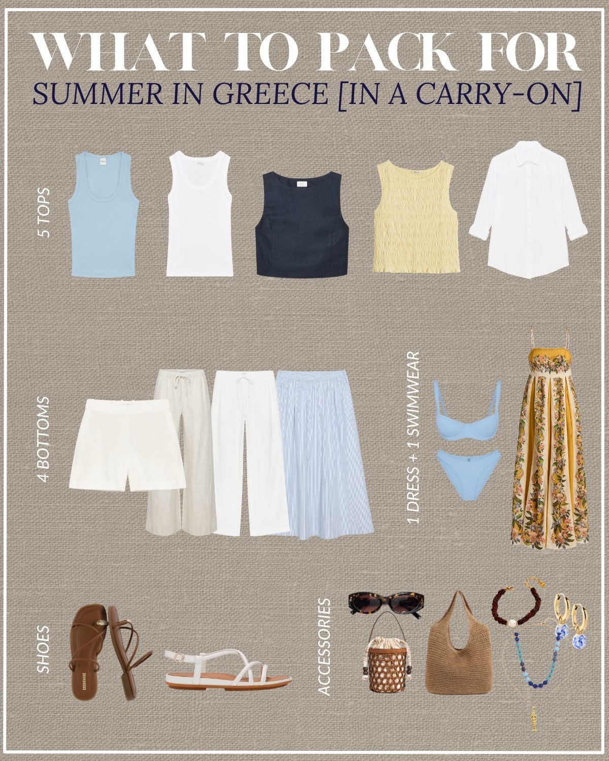 what to pack for summer in Greece in a carry-on only

Amazon cushionaire flip flops run half a size big 

greece / summer vacation / myokonos / santorini / island hopping / beach outfit/ summer outfits / travel outfits / scoopneck tank tops / Aritzia cavalier top / butter yellow top / linen button up / aritzia shorts / aritzia linen lodge pants / midi skirt / monday swimwear / farm rio maxi dress / cushionaire strappy sandals / fitflop sandals / straw tote bag / woven bucket tote / fun accessories

#LTKootd #LTKTravel