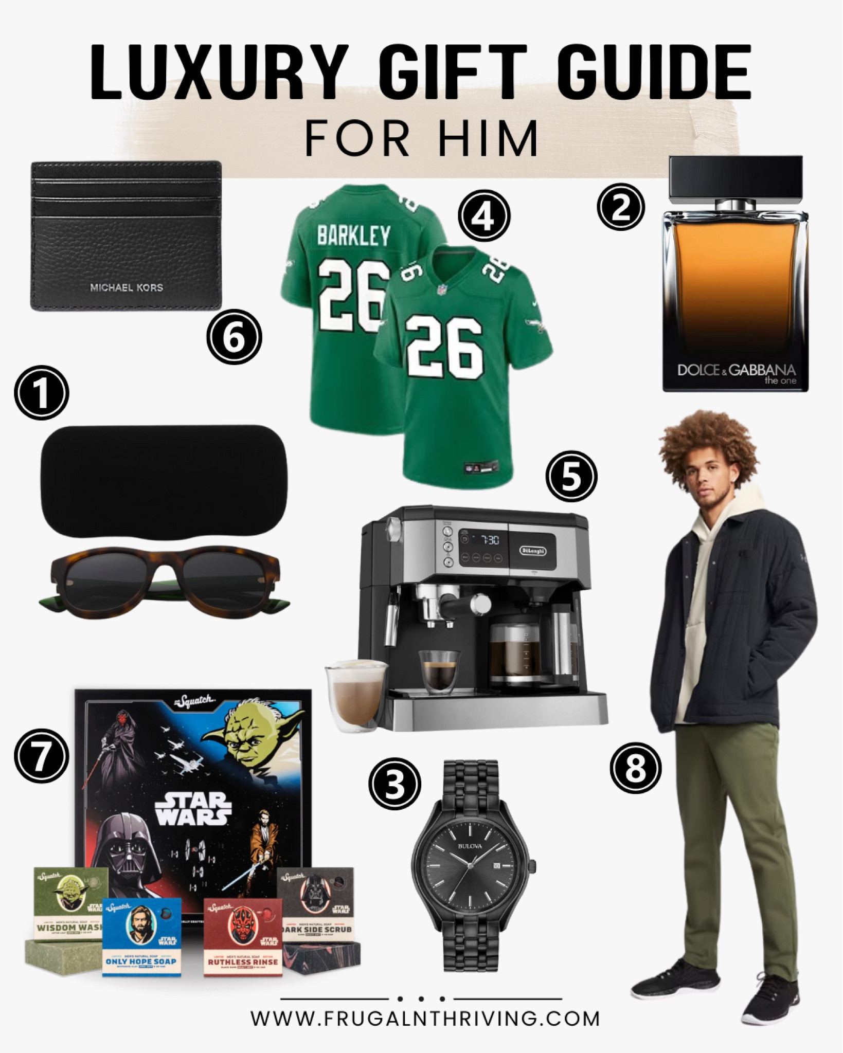 1 - These stylish tortoiseshell sunglasses with a unique striped stem detail look amazing with just about any style of clothing. A one-size-fits-all gift for a man who is anything but! Perfect for: Guys who aren’t afraid to stand out for all the right reasons; the coolest guy in the room.

2 - With its warm, spicy scent profile and notes of cedarwood, ginger, and tobacco, there’s a reason this fragrance is a classic. Perfect for: Anyone you’d like to have lean in closer!

3 - Refined, elegant, classic, with just a hint of rugged charm. If this watch was a man, it would be James Bond. Perfect for: Your husband who looks amazing dressed up but prefers jeans and a t-shirt.

4 - Help your favorite sports fan gear up for the game in style with an assortment of team merch that will absolutely blow your mind! (Pro tip: check out their team shops for NBA, NCAA, NHL and many more while you’re at it.) Perfect for: Guys who have no problem painting their faces for the big game; this year’s fantasy football league champion. 

5 - Bring the intimate café vibe home with this deluxe coffee and espresso brewing station! Perfect for: Your favorite cultured caffeine junkie; grad students.

6 - Keep credit cards, ID, and other important cards secure in this low-profile, stylish case. Perfect for: Minimalists who don’t like carrying a lot of stuff; someone who avoids carrying actual paper money whenever possible.

7 - One whiff of this limited edition collectors box of bar soaps, and you’ll see why they call it the finest soap in the galaxy! Perfect for: Guys who have a t-shirt insisting that Greedo shot first; someone who measures distance in parsecs instead of miles.

8 - This insulated shirt-jacket hybrid will feel like a warm hug from you every time he wears it! Perfect for: Guys who insist they’re not cold; borrowing from your boyfriend when you forget to bring your jacket.