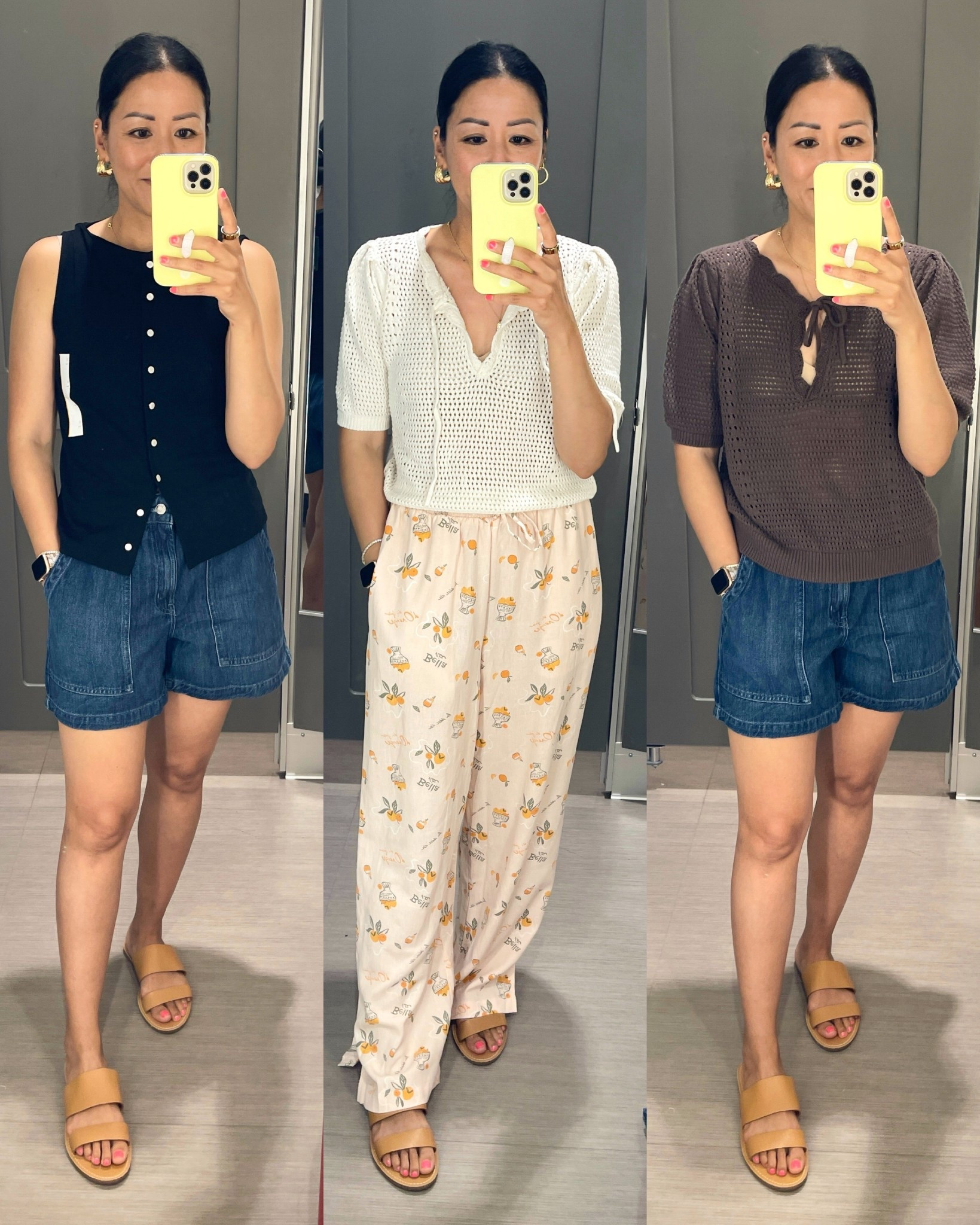 Size small black top
Size XS cream top and size small brown top
Size small denim shorts
Size small linen pants
Sandals (old) are true to size
