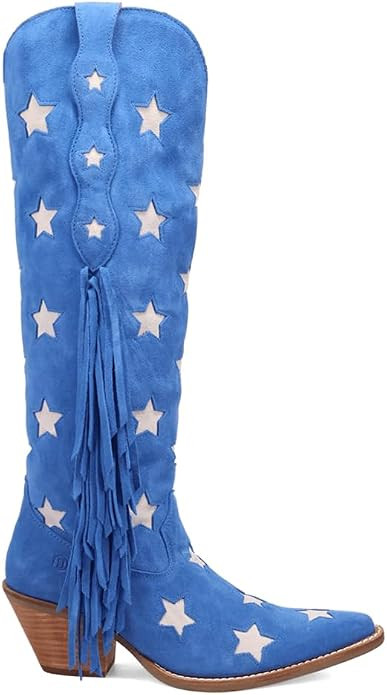 Dingo Womens Super Star Fringe Tooled Inlay Snip Toe Casual Boots Over the Knee Mid Heel 2-3" - B... | Amazon (US)