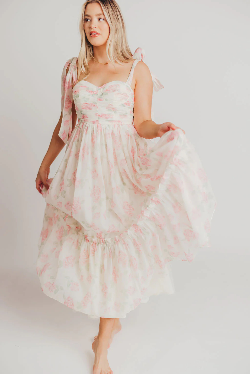 Thalia Ruched Midi Dress with Tie Shoulder in Pink Floral - Bump Frien | Worth Collective