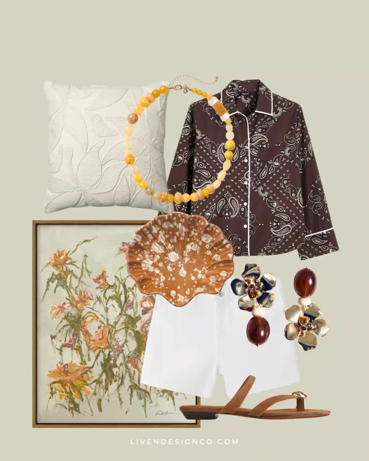New discoveries. Madewell. Paisley top. Denim white shorts. Shell dish. Abstract floral painting art print. Artfully walls. Outdoor throw pillow.  Flower earrings. Mango. Leather sandals. Statement necklace 

#LTKSeasonal #LTKHome #LTKSaleAlert