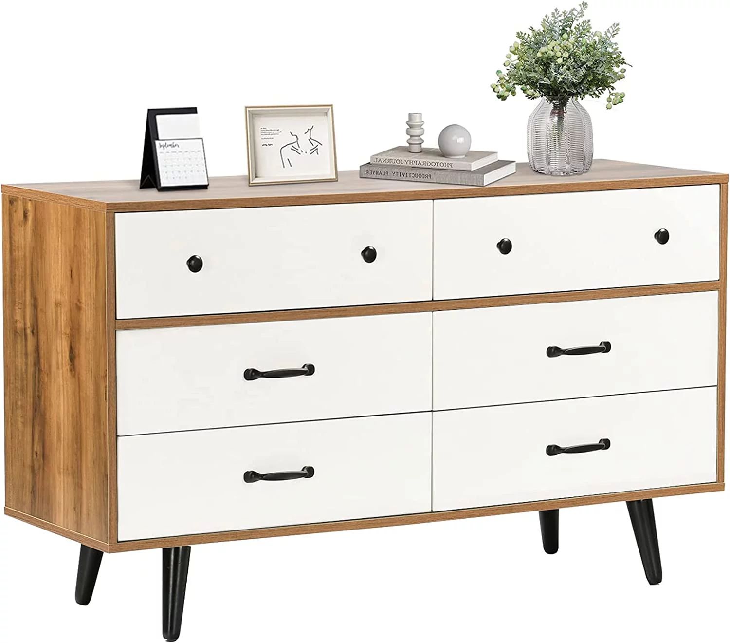 Catrimown Mid Century Modern 6 Drawer Dresser, Wood Double Dresser for Bedroom,  16" x 47" x 28" | Walmart (US)