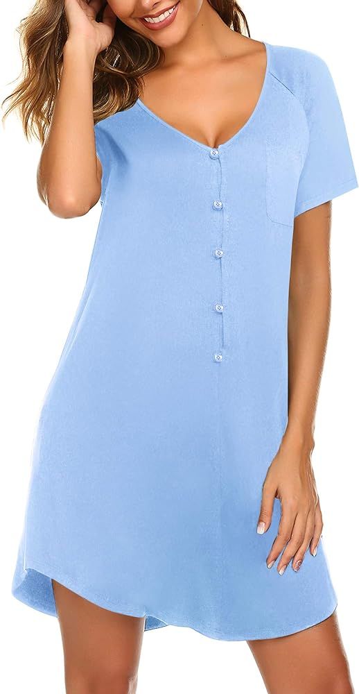 Ekouaer Womens Sleepwear Short Sleeve Nightgown Button Down Pajamas for Women Nightshirt S-XXL | Amazon (US)