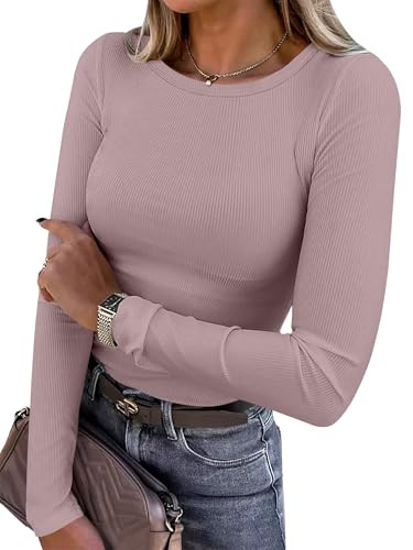 ANRABESS Women Long Sleeve Shirts Rib Knit Slim Fit Tops Basic Tee 2025 Fall Outfits Casual T-Shirt Underscrubs Layer Clothes Grey Pink Large | Amazon (US)