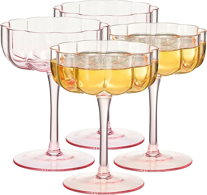 Flower Vintage Wavy Petals Wave Glass Coupes 7oz Colorful Martini, Champagne & Cocktails - 4 Set ... | Amazon (US)