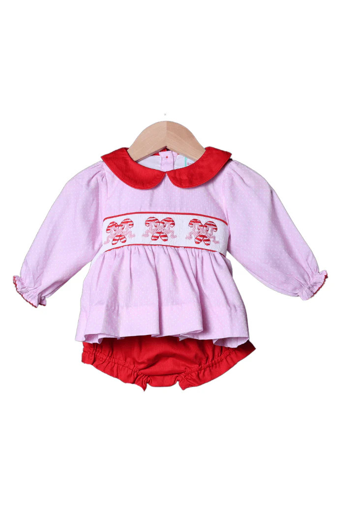 Smocked Pink Polka Dot Candy Cane Bloomer Set | The Smocked Flamingo