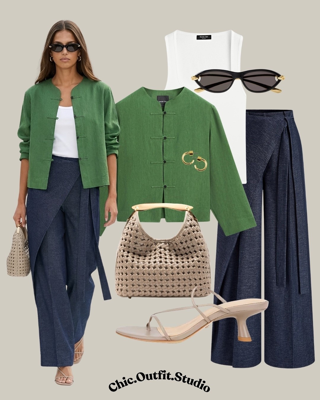 Green Jacket & Asymmetric Wrap Wide-Leg Pants

✨A fresh green lightweight jacket layered over a crisp white sleeveless top and asymmetric wrap wide-leg pants creates an elevated smart casual outfit for summer. The fluid silhouette and lightweight fabric offer effortless movement while the rich green and navy combination feels polished yet relaxed. Perfect for travel days, casual office looks, coffee meetings, sightseeing, weekend lunches, or dinner al fresco. A timeless combination that blends comfort with modern sophistication.

✨Tags: green jacket outfit women, asymmetric wrap pants, wrap wide-leg pants, navy wide-leg pants, smart casual summer outfit, white sleeveless top outfit, elegant summer separates, minimalist fashion, European style outfit, travel outfit women, elevated everyday style, casual chic outfit, summer capsule wardrobe, effortless summer dressing

#LTKsummer #LTKworkwear #LTKshoes