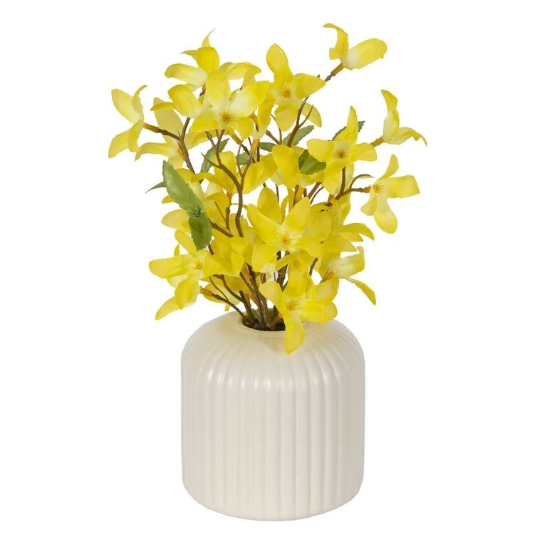 Better Homes & Gardens 10" Artificial Flower Yellow Forsythia in Ribbed off-White Ceramic Vase | Walmart (US)