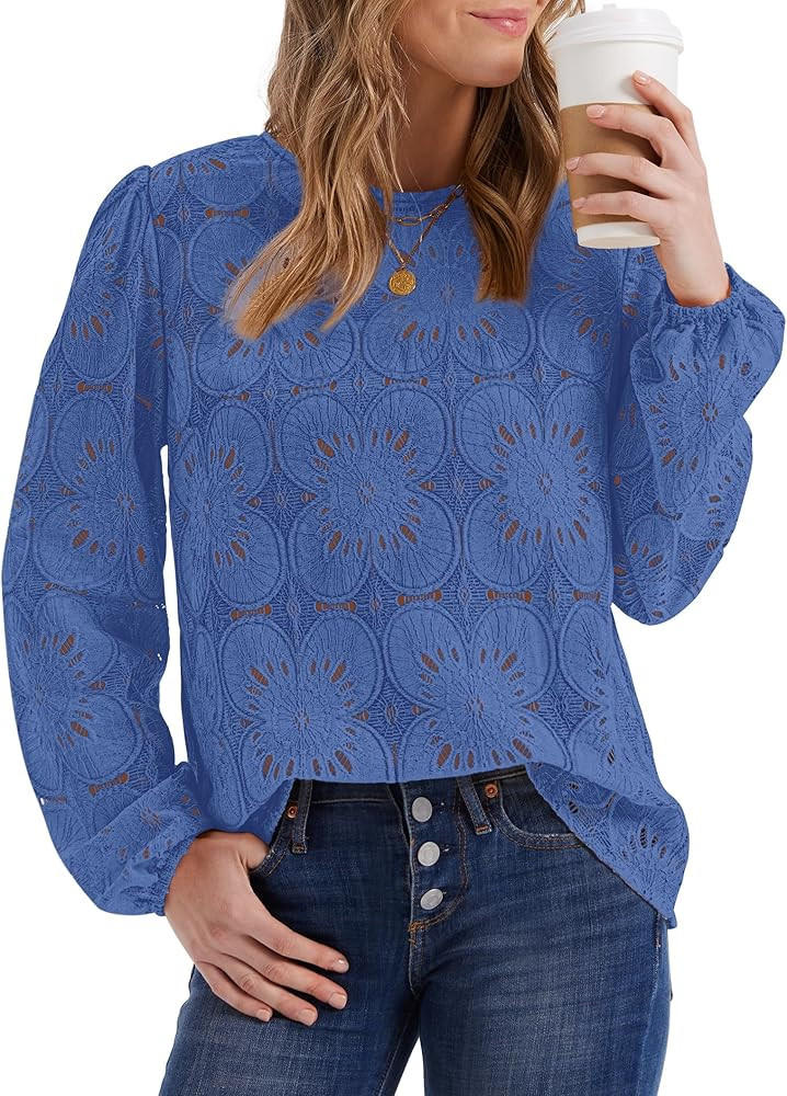 OFEEFAN Blouses for Women Dressy Casual Fall Fashion Long Sleeve Shirts Flower Lace Tops Trendy S... | Amazon (US)