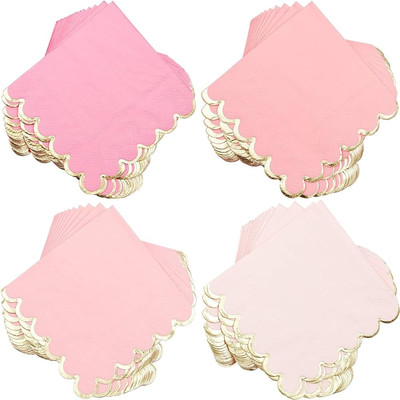 Sparkle and Bash 100 Pack Pink Scalloped Cocktail Napkins with Gold Foil Accents for Bridal and B...