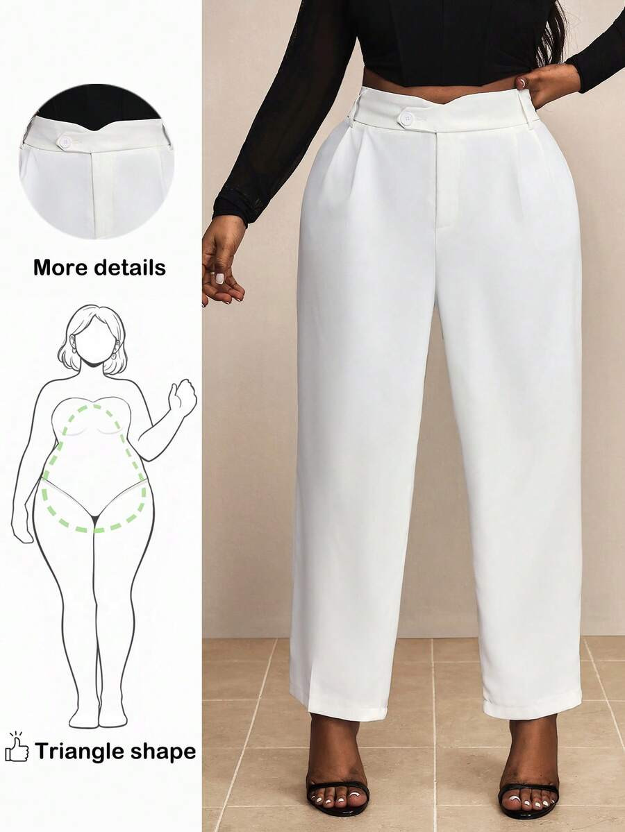 Plus Size Solid Color Straight-Leg Pants With Diagonal Pockets, For Pear Triangle Body Shape | SHEIN