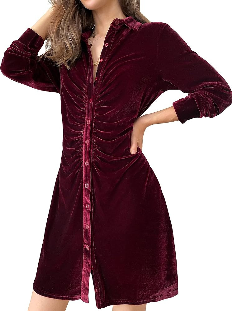 FAIRYLOOK Womens Sexy Ruched Front Velvet Shirt Dress Wrap Long Sleeve Button Down Bodycon Dresse... | Amazon (US)