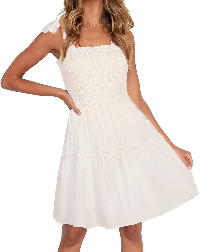 ZESICA Women's 2025 Summer Spaghetti Strap Sleeveless Square Neck Ruffle A Line Swing Mini Dress | Amazon (US)