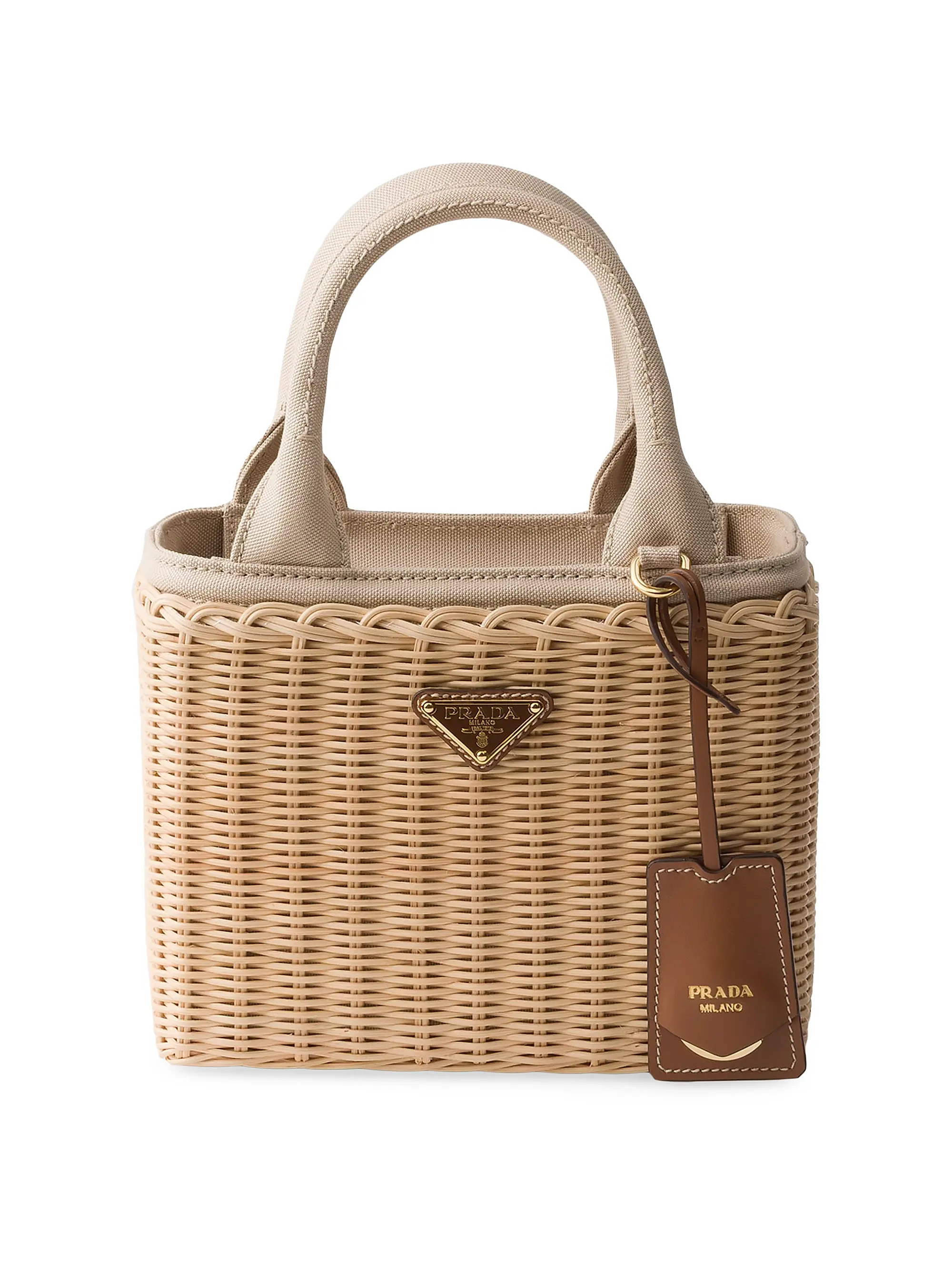 Prada Small Wicker and Canvas Top Handle Bag | Saks Fifth Avenue | Saks Fifth Avenue