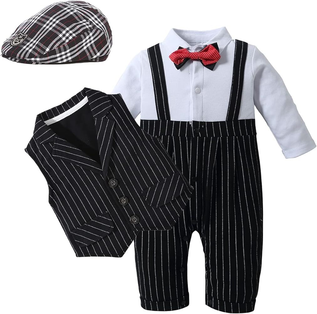 HOSUKKO Baby Boy Suit, One-Piece Romper & Vest & Beret & Bowtie (0-24 Months) | Amazon (US)