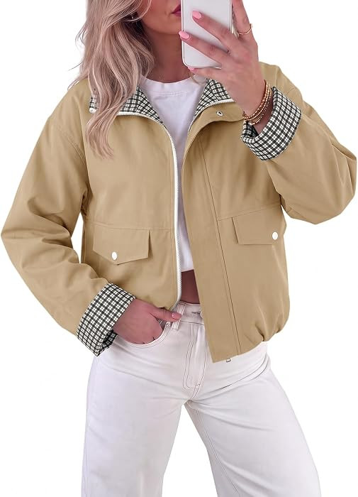 Tankaneo Womens Cropped Bomber Jacket Plaid Lightweight Fall Jacket | Amazon (US)