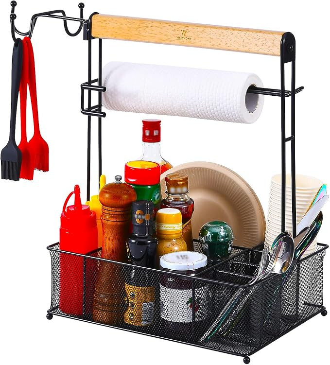 Grill Caddy, Picnic BBQ Organizer for Camping Outdoor Mesh Basket with 3 Hanging Hooks and Paper ... | Amazon (US)