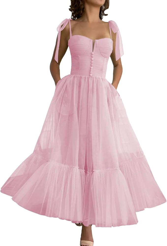 Spaghetti Straps Tulle Prom Dresses Tea Length Sweetheart Formal Gowns A-Line Party Princess Dres... | Amazon (US)