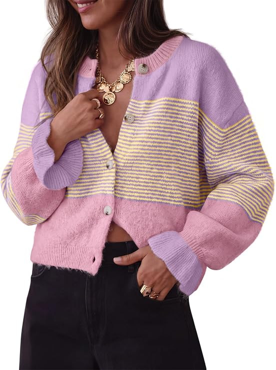 Trendy Queen Women's Cropped Color Block Cardigan | Chunky Knit Button-Front Sweater, Striped Y2K... | Amazon (US)