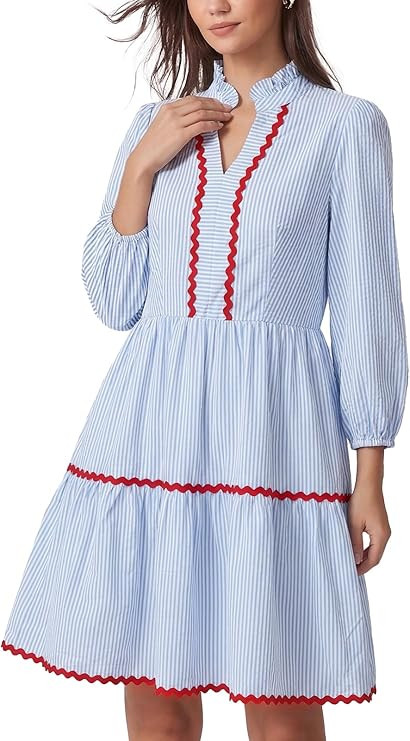 D-Sun Women 3/4 Long Sleeve Mini Dress Striped V-Neck Holiday Dress with Pockets Cotton Casual A-... | Amazon (US)