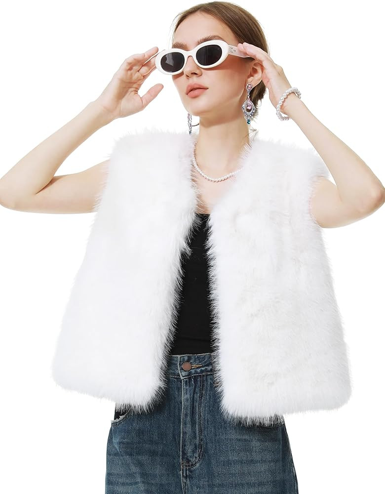 LA CARRIE Women's Faux Fur Vest Cropped Sleeveless Furry Coat Warm Winter Shaggy Open Front Cardi... | Amazon (US)