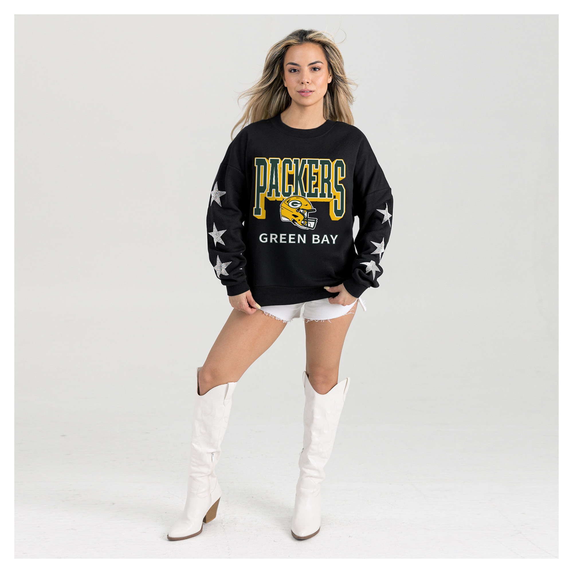 Women's Gameday Couture Black Green Bay Packers Pure Victory Rhinestud Star-Sleeve Pullover Sweatshirt | Fanatics