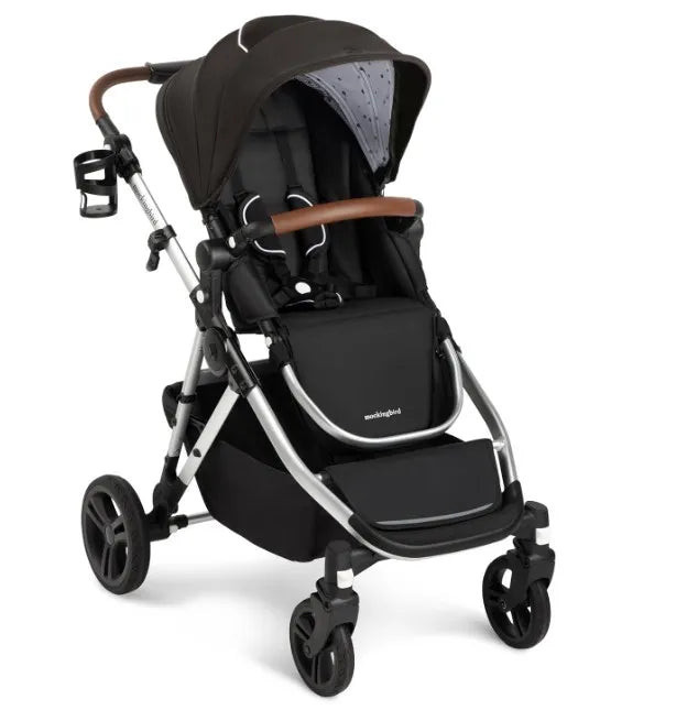 Mockingbird Single-to-double Stroller 2.0 + Cup Holder - Black With Watercolor Interior Pattern | REBEL (formerly Rebelstork)