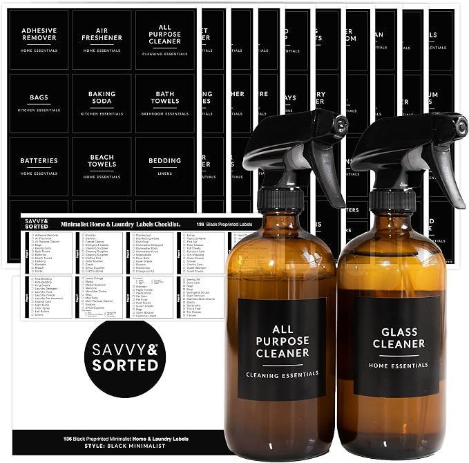 Black Laundry Labels for Jars, 136 Preprinted Home and Laundry Stickers for Storage Bins, Cleanin... | Amazon (US)