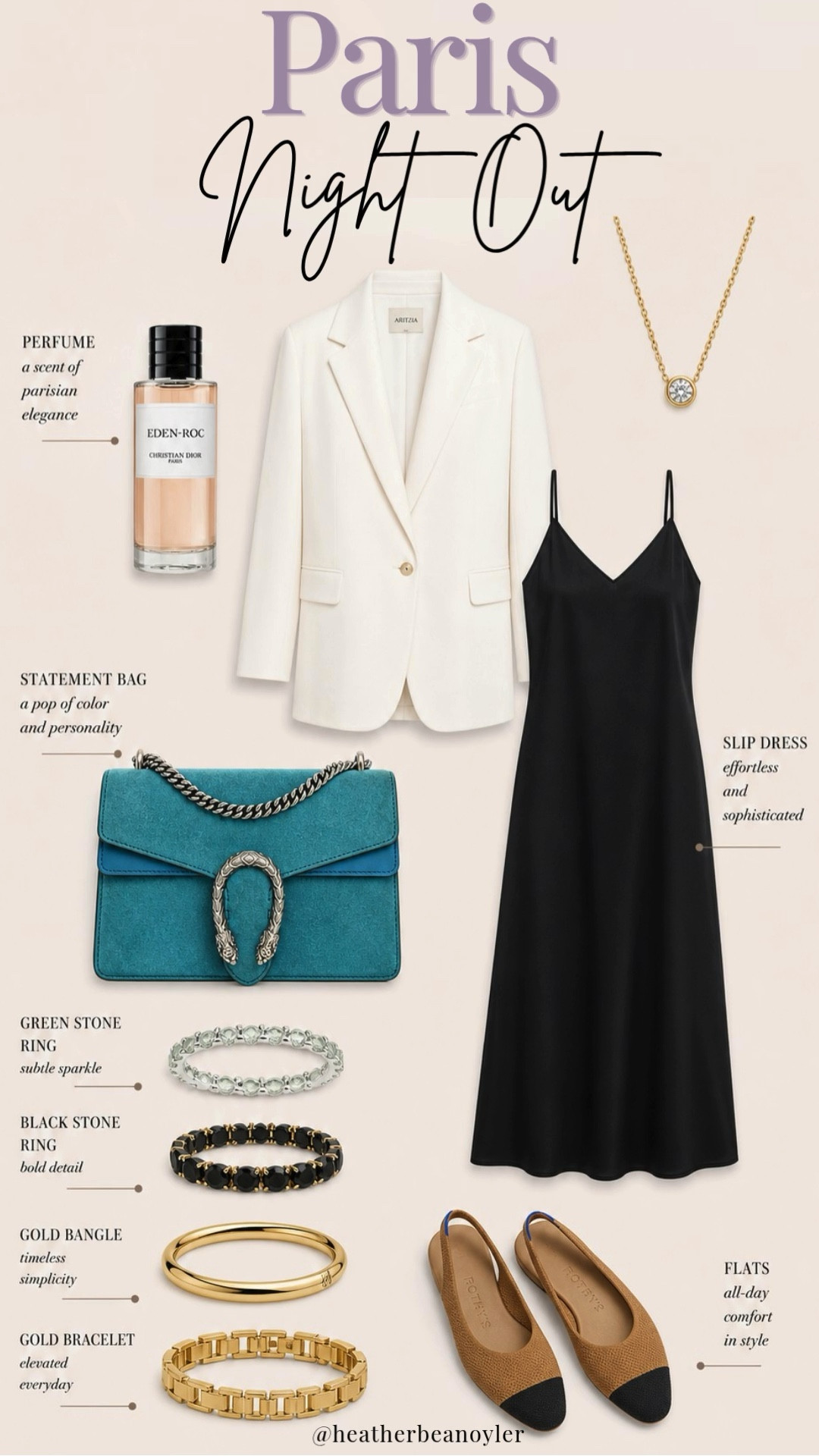 Paris night out but make it effortless and elevated. A timeless black slip dress styled with a structured blazer, gold jewelry, and classic flats for that understated luxury look. These are the pieces that always feel chic, polished, and easy to rewear for dinners, dates, or travel nights.

[paris night outfit, date night outfit, black slip dress, chic outfits, parisian style, minimal style, capsule wardrobe, elevated basics, neutral outfits, effortless style, european summer outfits, gold jewelry, blazer outfit, classy outfits, LTK style]

#LTKOver40 #LTKTravel