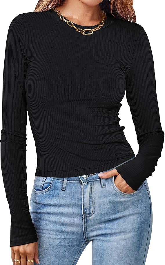 MEROKEETY Women's Long Sleeve Slim Fit Crop Shirt Ribbed Knit Tops Casual Round Neck Y2K Tees | Amazon (US)