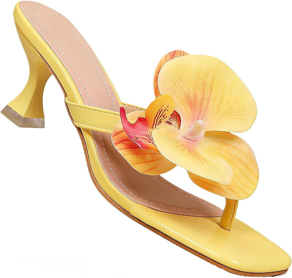 Women's Square Toe Thong Heeled Flip Flops-Kitten Heel Sandals with 3D Orchid Butterfly Rhineston... | Amazon (US)