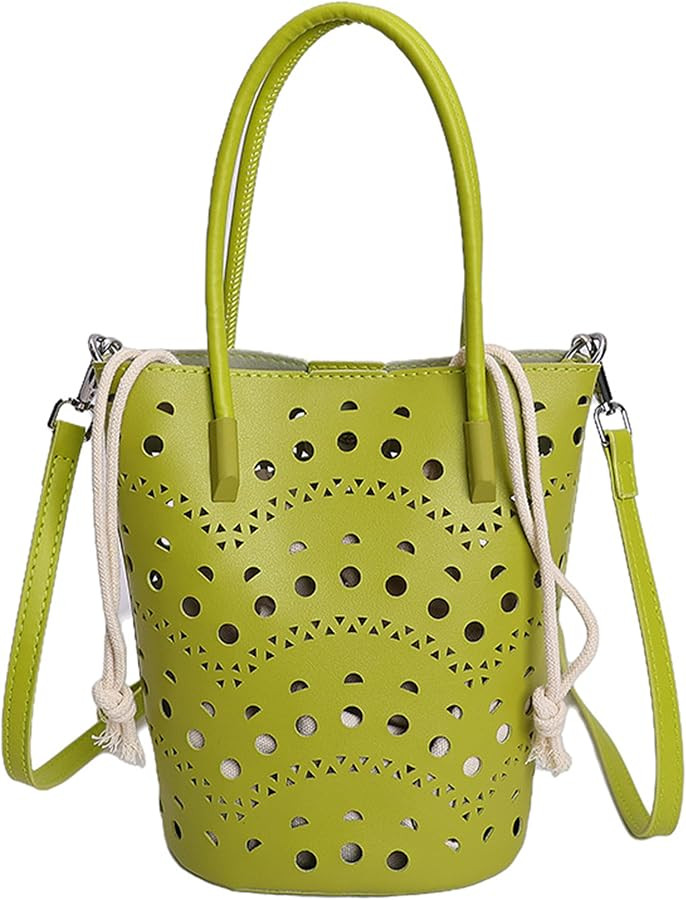 Summer Solid Color Hollowed PU Leather Bucket Shoulder Crossbody Bag with Drawstring Women's Hand... | Amazon (US)