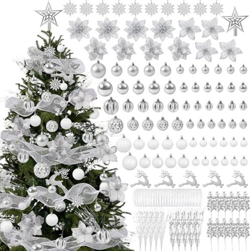 Ouddy Decor 103 Pcs Christmas Tree Decorations Set, Assorted Shatterproof Silver Christmas Ball Ornaments Christmas Metallic Mesh Ribbon Poinsettia Berries for Christmas Tree Holiday Decor, Silver | Amazon (US)