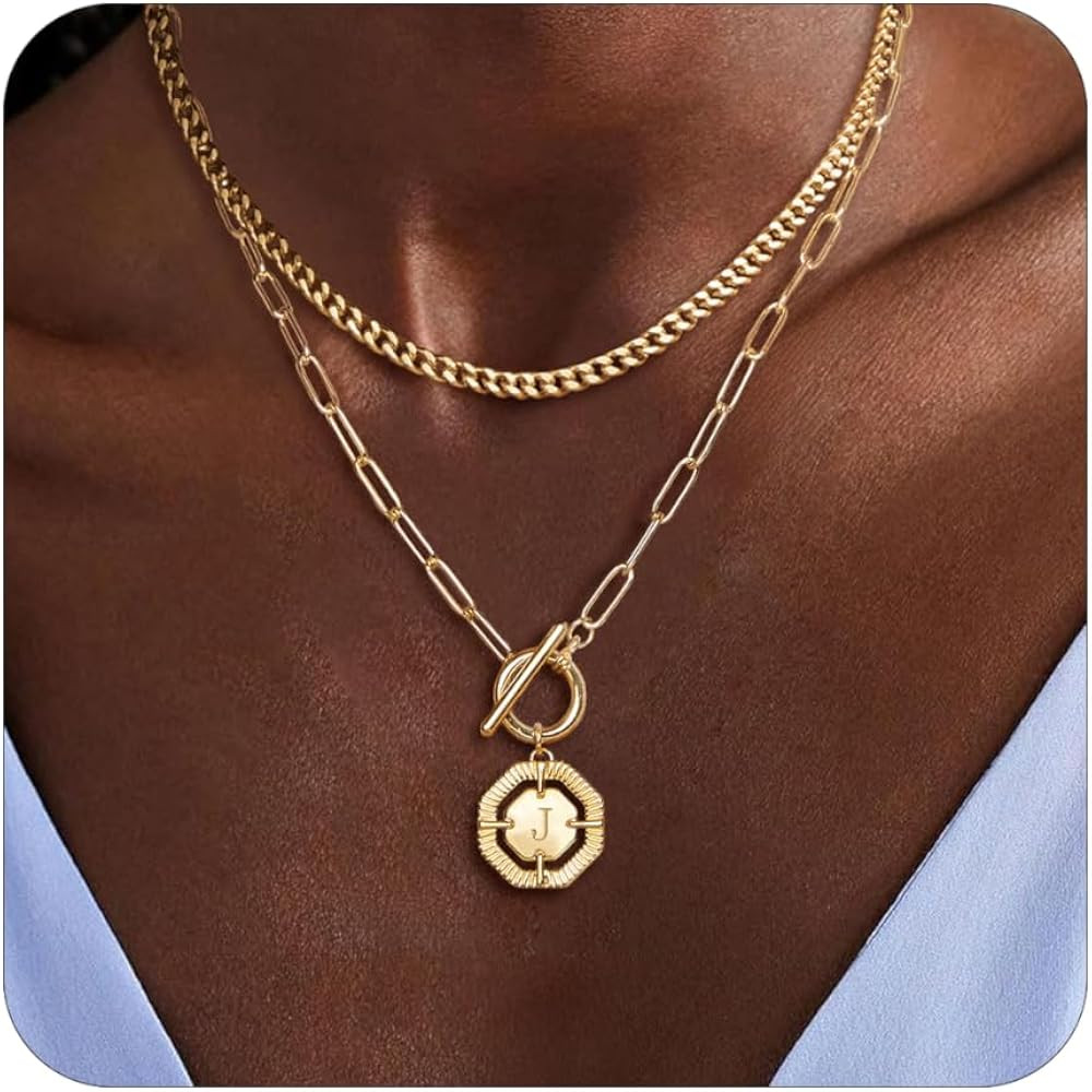 Layered Initial Necklaces for Women 14K Gold Plated Stackable Chunky Cuban Chain Choker Necklace ... | Amazon (US)