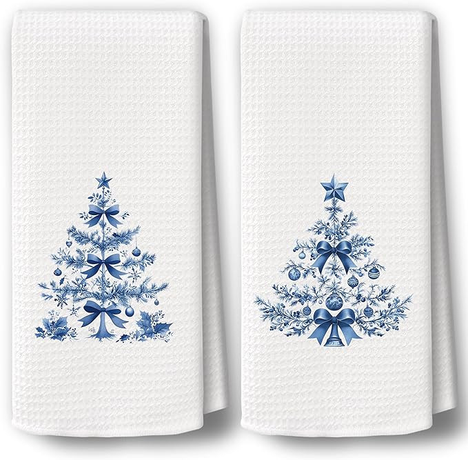Chinoiserie Christmas Kitchen Towels Decor Set of 2 - Blue Christmas Tree Holiday Hand Tea Towels... | Amazon (US)
