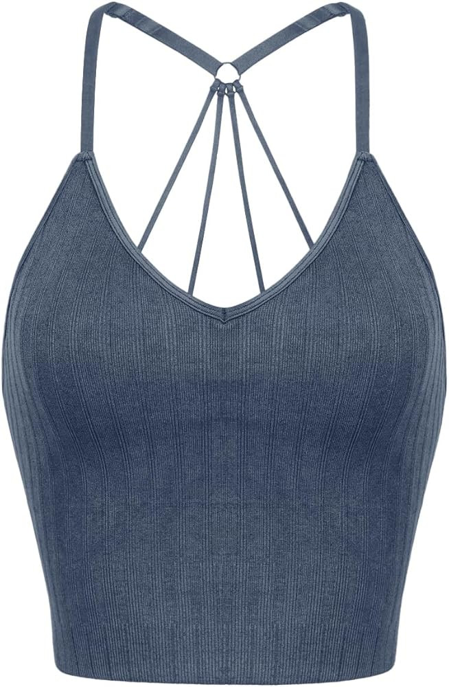 ODODOS Seamless Padded Sports Bra for Women Strappy Longline Wirefree Brami Ribbed Crop Tank Tops | Amazon (US)