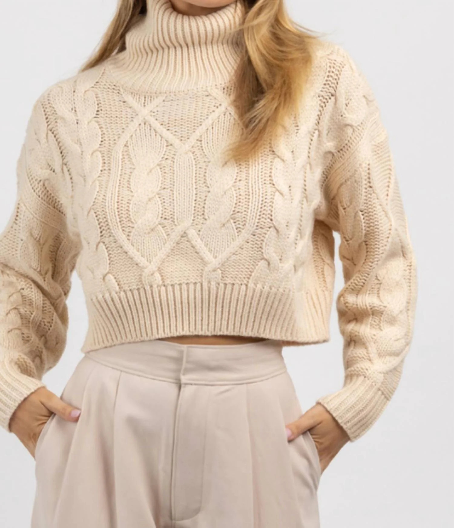 Cableknit Turtleneck Crop Sweater In Neutral | Shop Simon