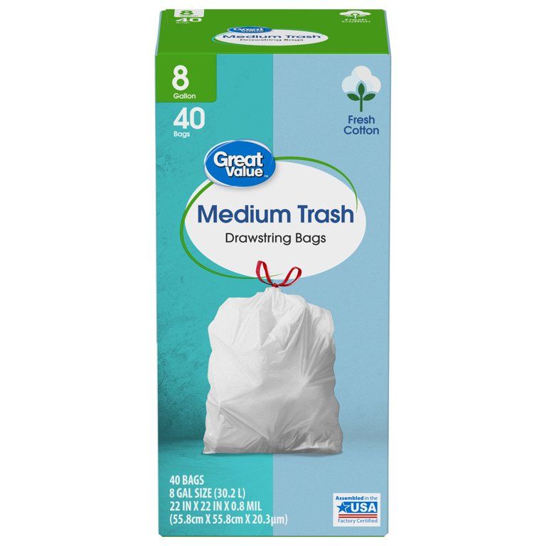 Great Value Medium Drawstring Trash Bags, Fresh Cotton Scent, 8 Gallon, 40 Count | Walmart (US)