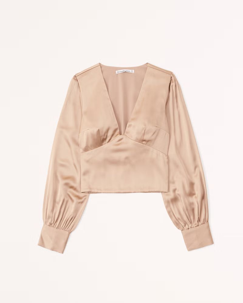 Long-Sleeve Satin Puff Sleeve Top | Abercrombie & Fitch (US)