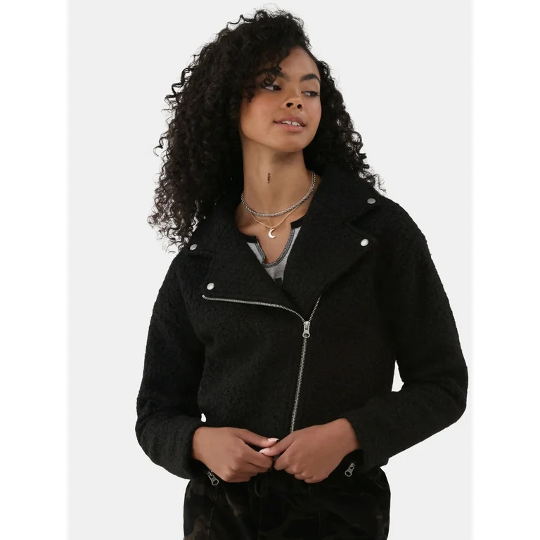No Boundaries Asymmetric Zip Faux Shearling Moto Jacket, Women's and Women's Plus - Walmart.com | Walmart (US)