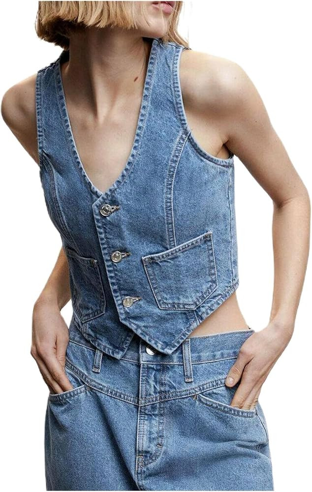 Women Y2K Button Down Denim Vest Sexy Sleeveless Denim Crop Top Low Cut Strapless Jean Corset Bus... | Amazon (US)