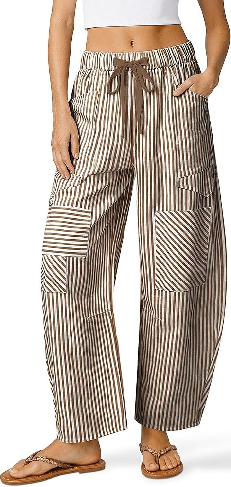 TARSE Womens Striped Linen Barrel Pants with Pockets Y2k Patchwork | Amazon (US)