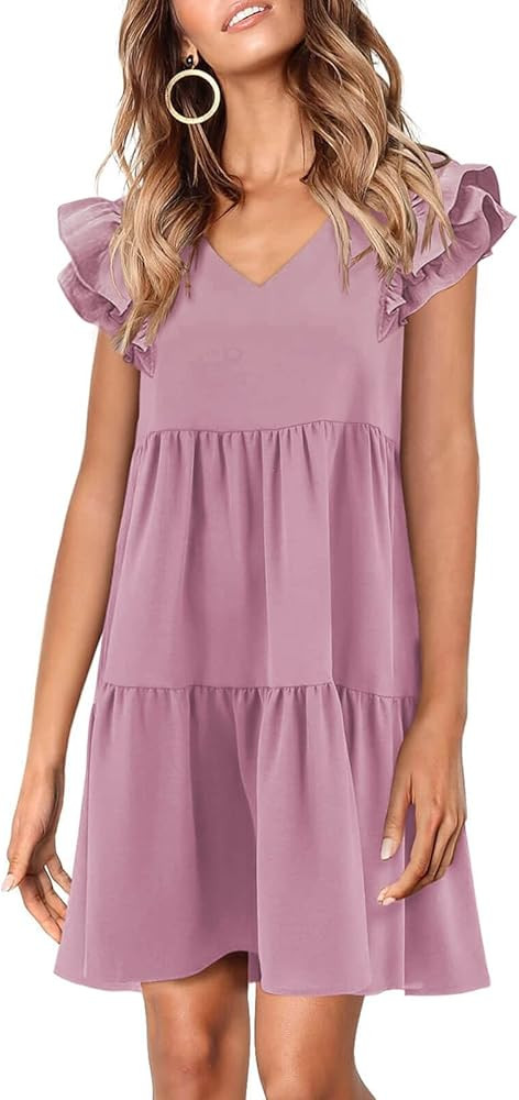 Zwurew Summer Babydoll Dresses for Women 2024 Cute Ruffle Cap Sleeve V-Neck Flowy Swing Mini Dres... | Amazon (US)