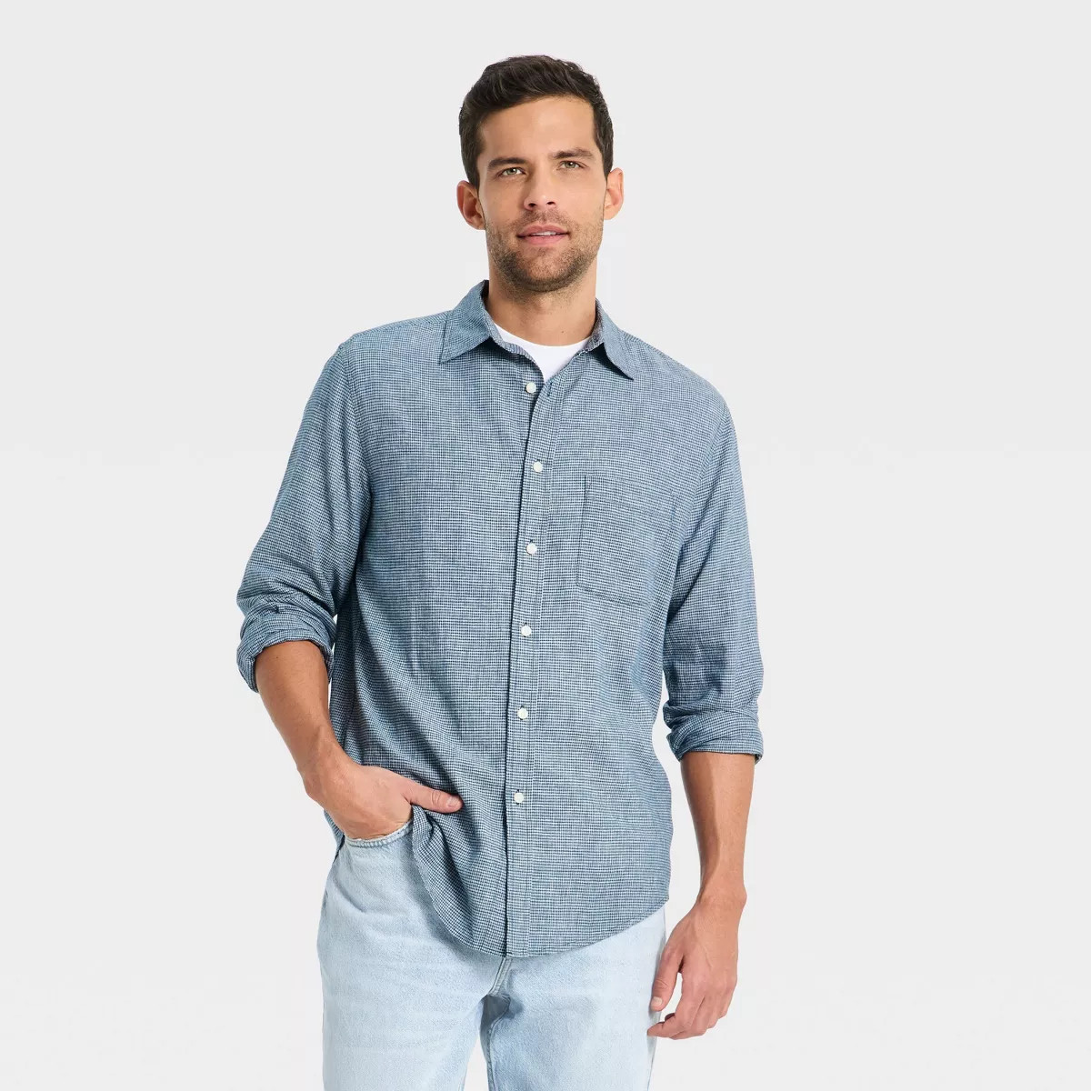 Men's Long Sleeve Button-Down Shirt - Goodfellow & Co™ Heathered Blue L | Target