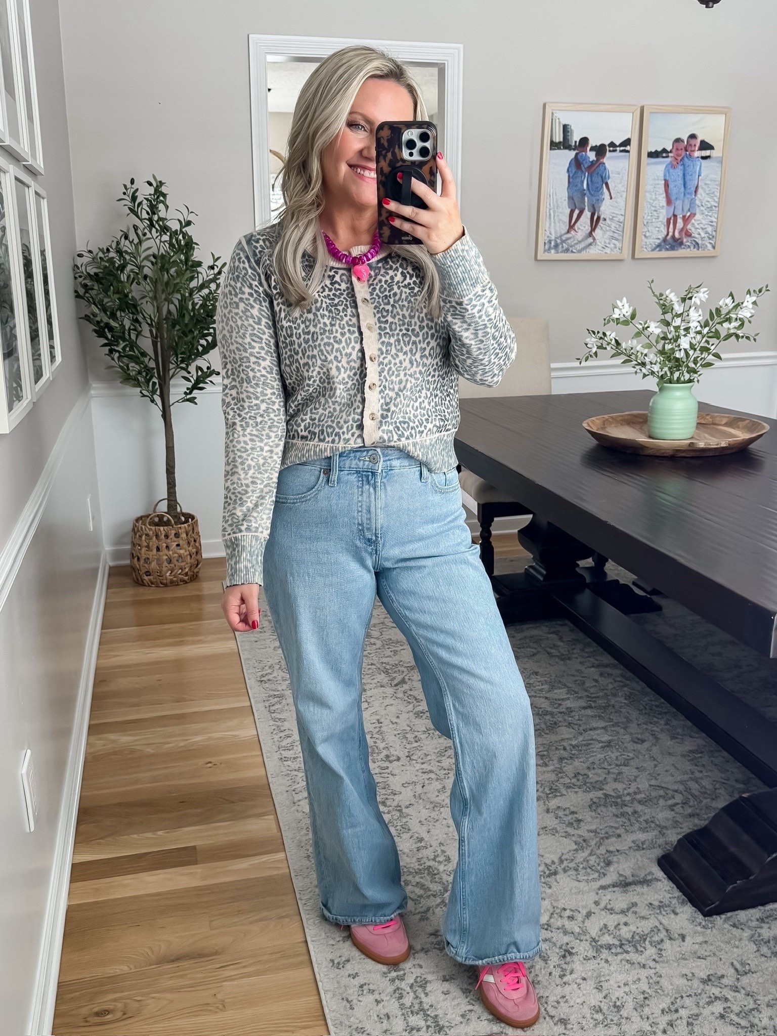 Love this leopard cardigan with the pops of pink for the spring and summer time! Such a comfortable yet chic outfit.

Spring outfit inspo, work outfit inspo, pops of pink, light denim, pink accessoriess, pop of color, wide leg denim jeans, lovelylifestyling 

#LTKWorkwear #LTKootd #LTKSeasonal