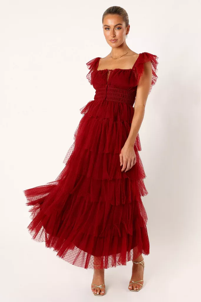 Burgundy tulle maxi clearance dress