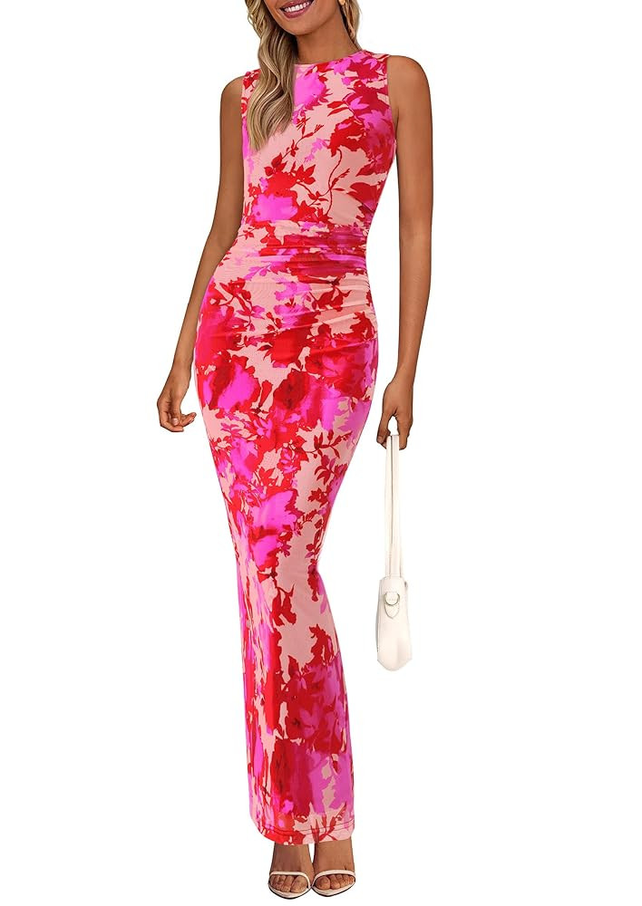 PRETTYGARDEN Wedding Guest Dresses for Women 2025 Summer Spring Floral Bodycon Sleeveless Mesh Ma... | Amazon (US)