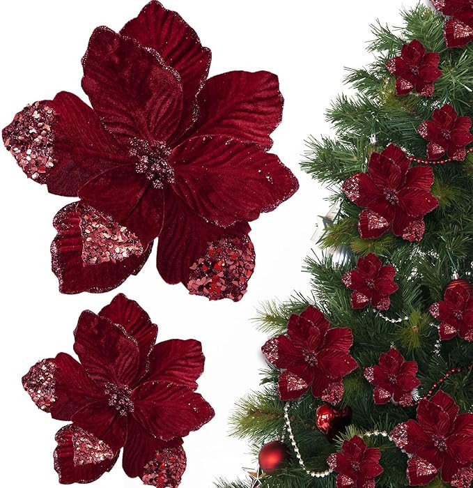 16 Pcs Christmas Poinsettia Flowers Decoration Artificial Velvet Flowers Glitter Magnolia Flower ... | Amazon (US)